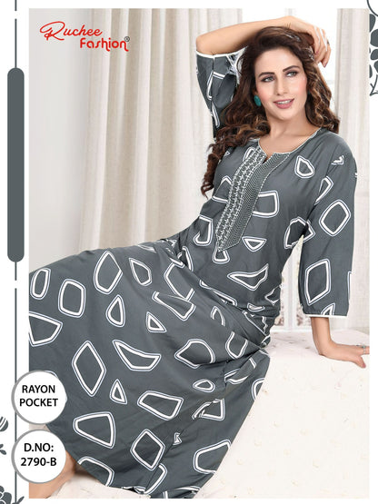 तीन चौथाई आस्तीन रेयान पॉकेट रुची फैशन नाइट गाउन थोक