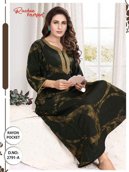 तीन चौथाई आस्तीन रेयान पॉकेट रुची फैशन नाइट गाउन थोक