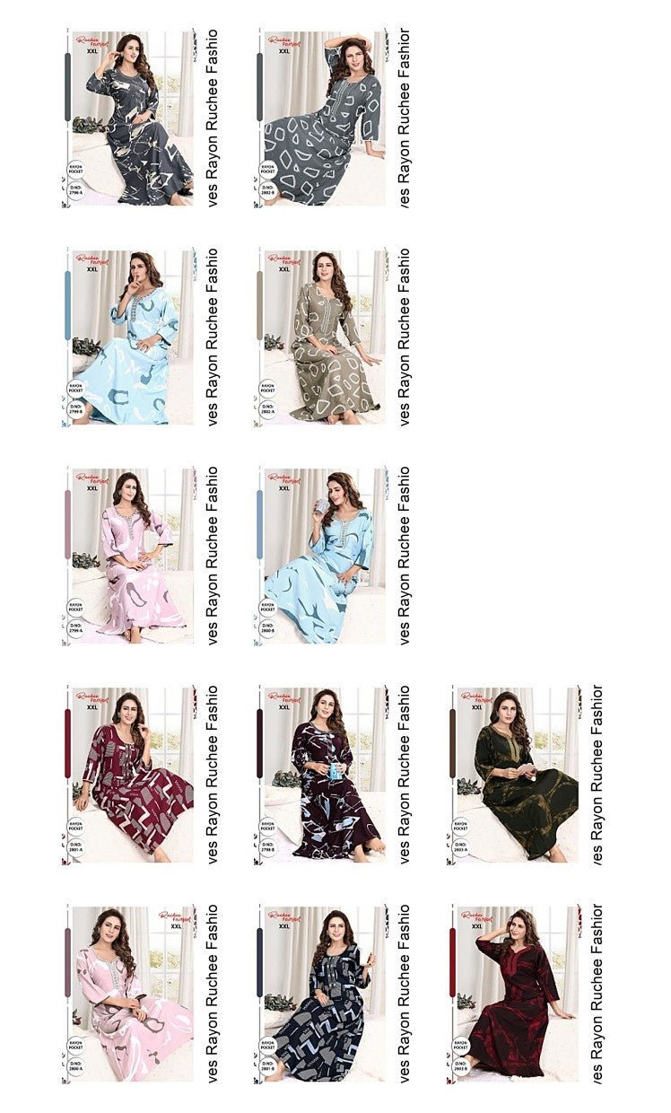 Three Fourth Sleeves Rayon Ruchee Fashion Night Gowns Exporter Gujarat