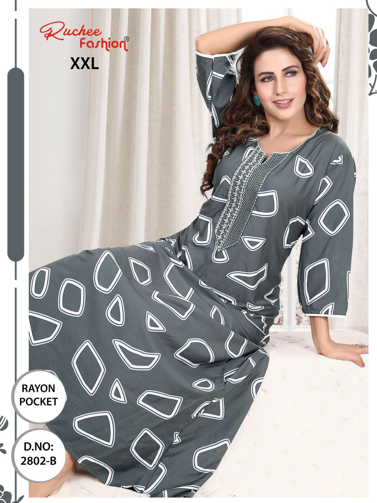 तीन चौथाई आस्तीन रेयान रुची फैशन नाइट गाउन निर्यातक गुजरात