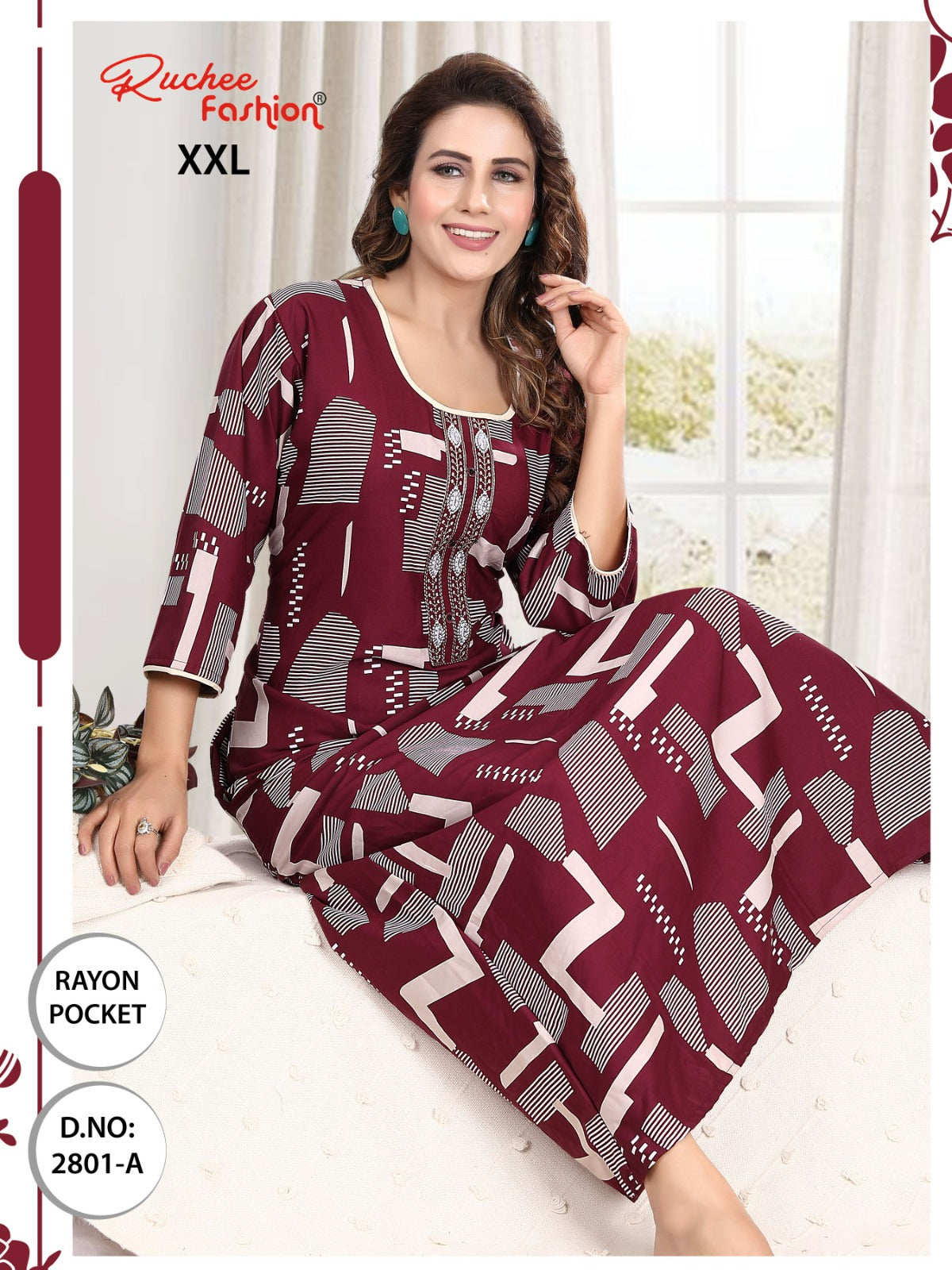 तीन चौथाई आस्तीन रेयान रुची फैशन नाइट गाउन निर्यातक गुजरात