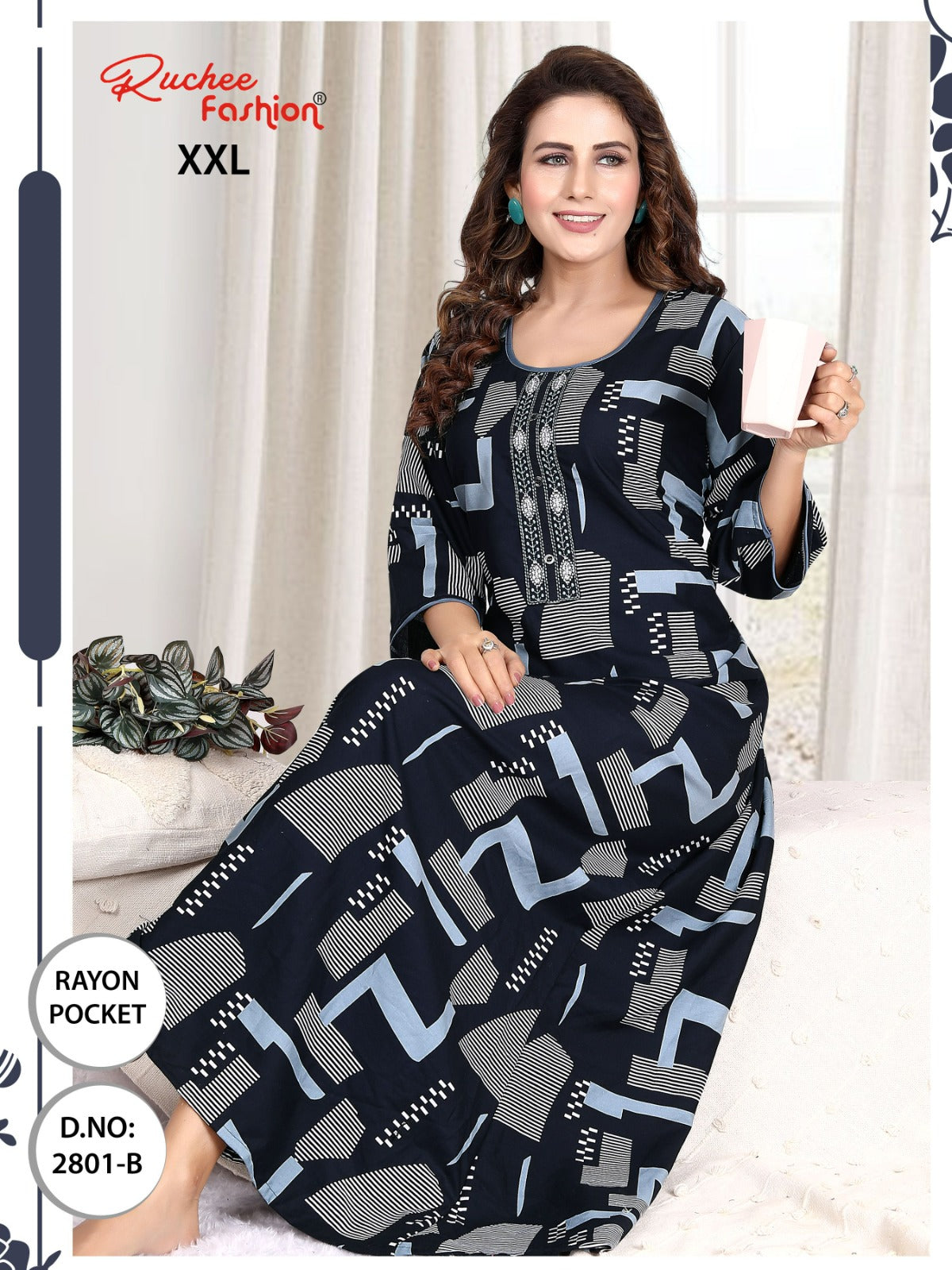 तीन चौथाई आस्तीन रेयान रुची फैशन नाइट गाउन निर्यातक गुजरात