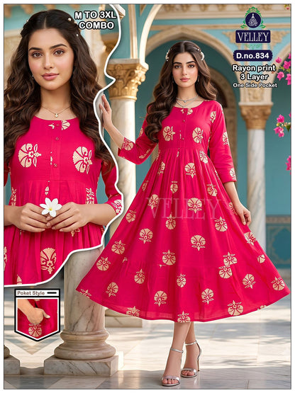 Three Layer 0409 Velley Rayon Anarkali Kurtis Wholesale Price