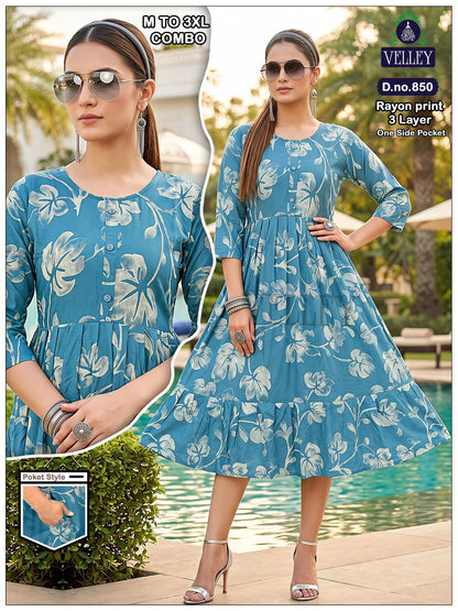 Three Layer 0409 Velley Rayon Anarkali Kurtis Wholesale Price