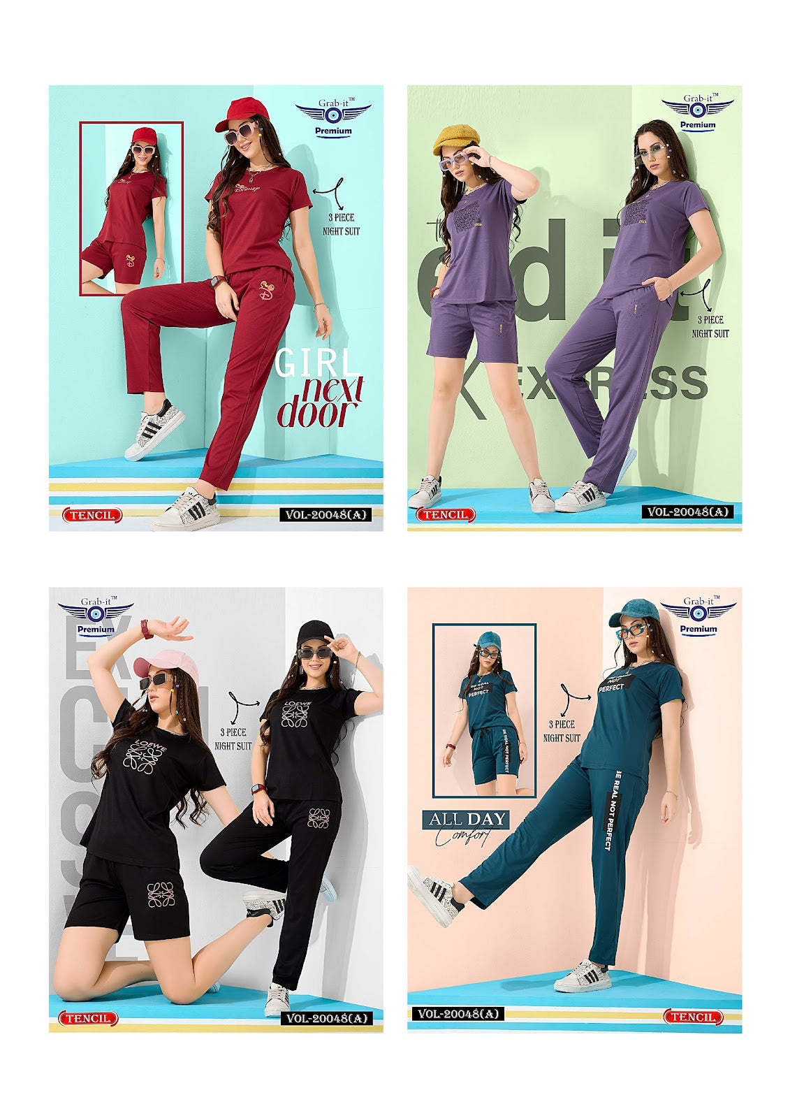 Threee Pcs Vol 20048 A Grab It Tencil Shorts Pyjama Night Suits Wholesale Price