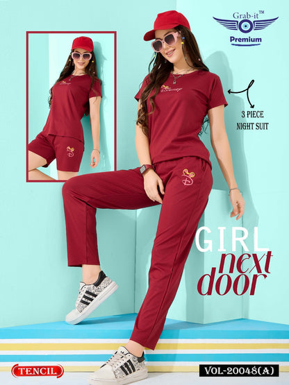 Threee Pcs Vol 20048 A Grab It Tencil Shorts Pyjama Night Suits Wholesale Price