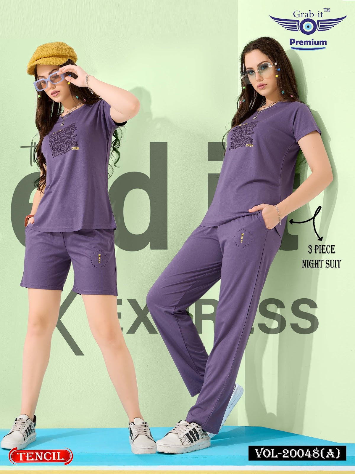 Threee Pcs Vol 20048 A Grab It Tencil Shorts Pyjama Night Suits Wholesale Price