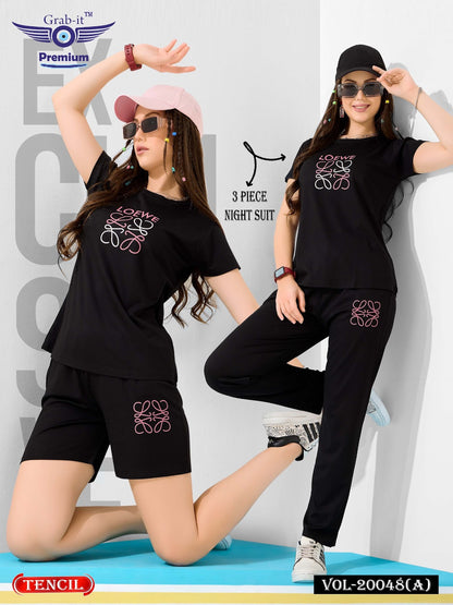 Threee Pcs Vol 20048 A Grab It Tencil Shorts Pyjama Night Suits Wholesale Price