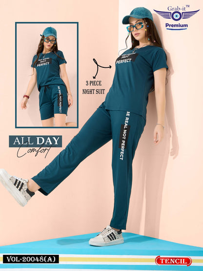Threee Pcs Vol 20048 A Grab It Tencil Shorts Pyjama Night Suits Wholesale Price
