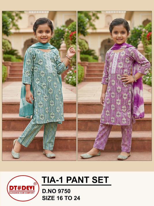 Tia 1 Dn 9750 Dt Devi Capsule Print Girls Readymade Pant Suits Wholesaler