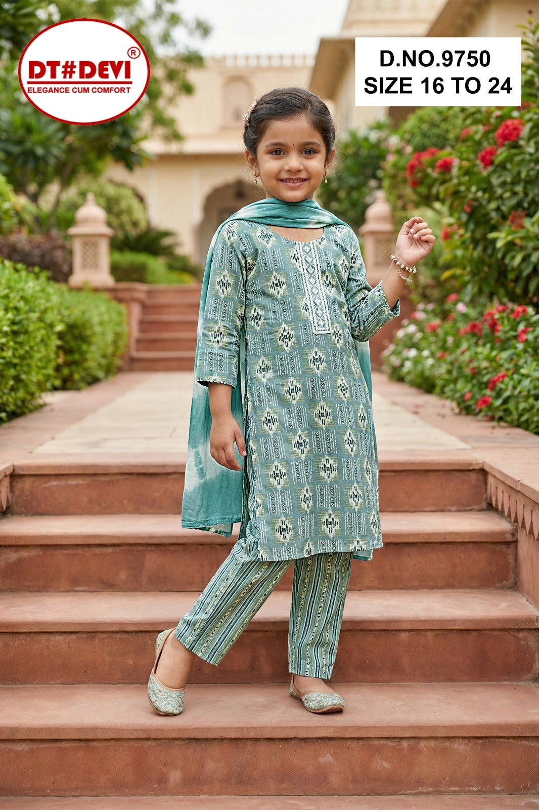 Tia 1 Dn 9750 Dt Devi Capsule Print Girls Readymade Pant Suits Wholesaler