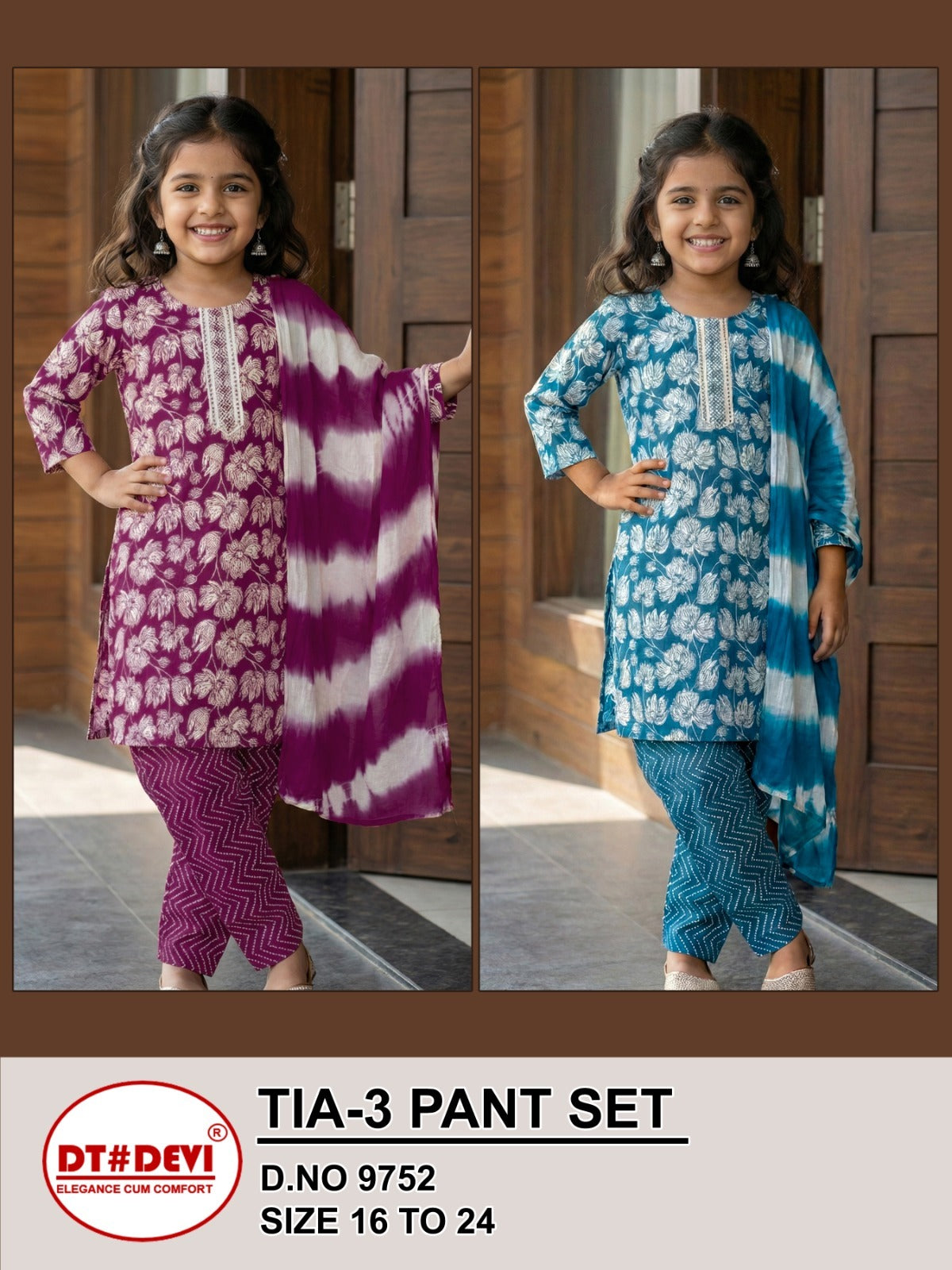 Tia 3 Dn 9752 Dt Devi Capsule Print Girls Readymade Pant Suits Manufacturer Ahmedabad