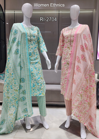 Tie Neck 050425 Women Ethnics Readymade Cotton Pant Suits Wholesale Rate