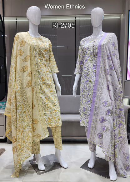 Tie Neck 050425 Women Ethnics Readymade Cotton Pant Suits Wholesale Rate