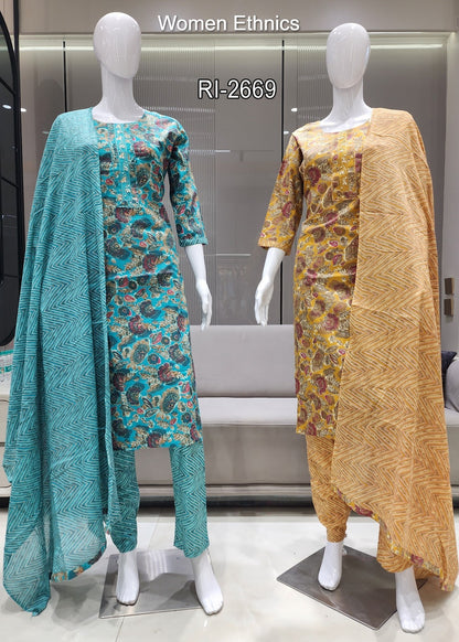 Tie Neck 050425 Women Ethnics Readymade Cotton Pant Suits Wholesale Rate
