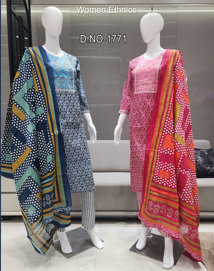 Tie Neck 050425 Women Ethnics Readymade Cotton Pant Suits Wholesale Rate