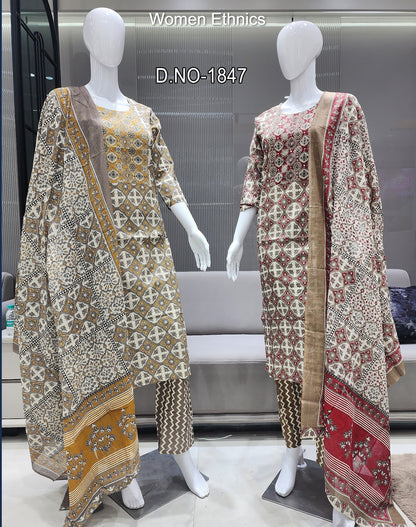 Tie Neck 050425 Women Ethnics Readymade Cotton Pant Suits Wholesale Rate