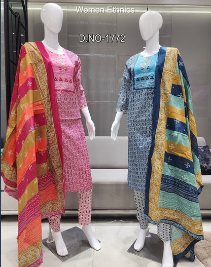 Tie Neck 050425 Women Ethnics Readymade Cotton Pant Suits Wholesale Rate