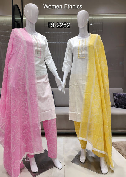 Tie Neck 050425 Women Ethnics Readymade Cotton Pant Suits Wholesale Rate