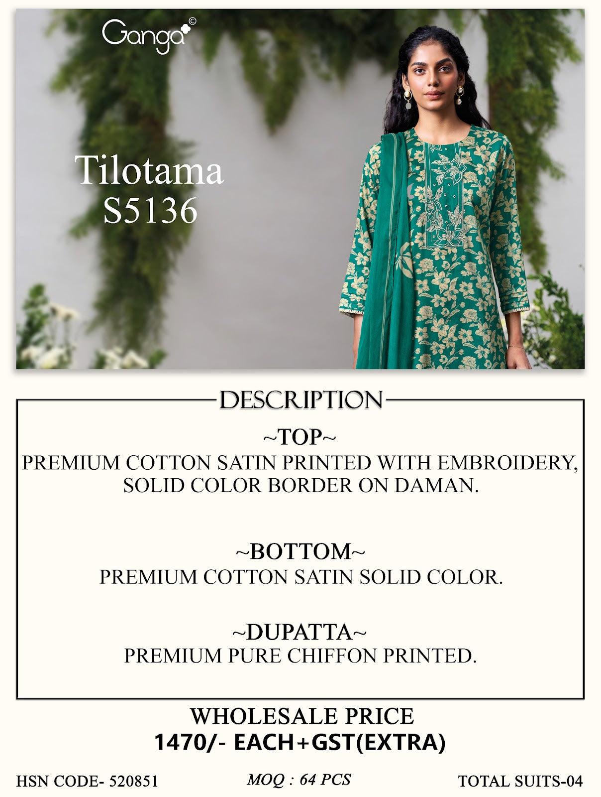 Tilotama S5136 Ganga Cotton Satin Plazzo Style Suits Manufacturer India