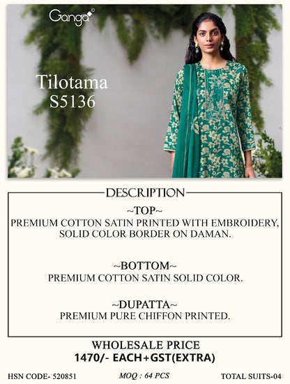 Tilotama S5136 Ganga Cotton Satin Plazzo Style Suits Manufacturer India