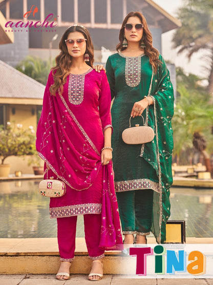 Tina Aanchi Satin Readymade Pant Style Suits Wholesale