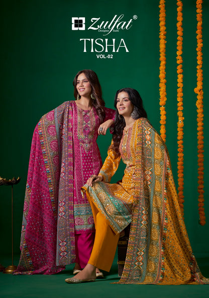 Tisha Vol 2 Zulfat Designer Viscose Simmer Karachi Salwar Suits Wholesale Price