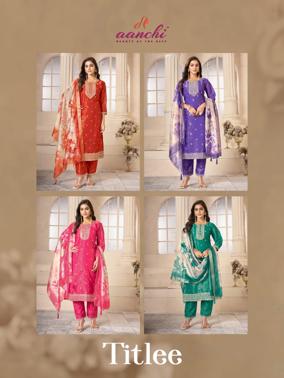 Titlee Aanchi Tissue Simmer Readymade Pant Style Suits Supplier Ahmedabad
