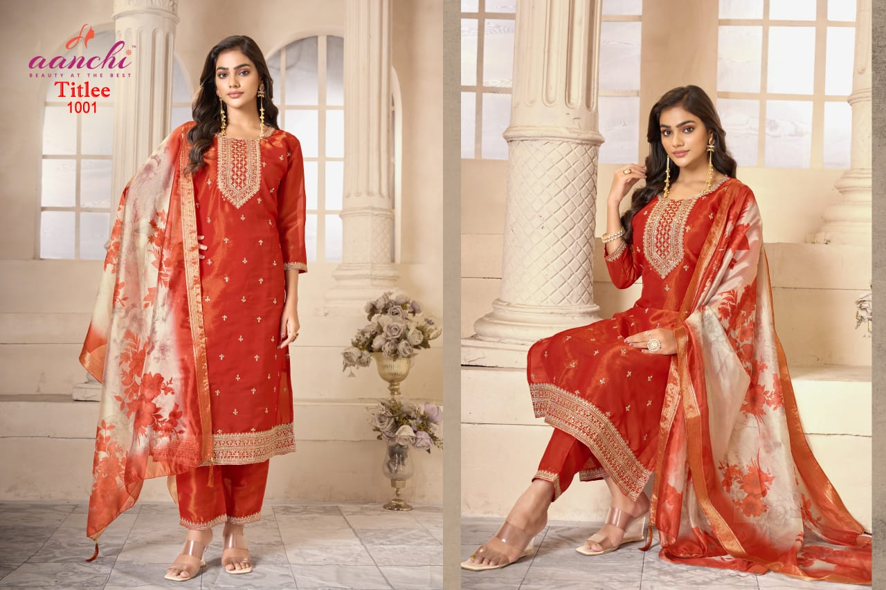 Titlee Aanchi Tissue Simmer Readymade Pant Style Suits Supplier Ahmedabad