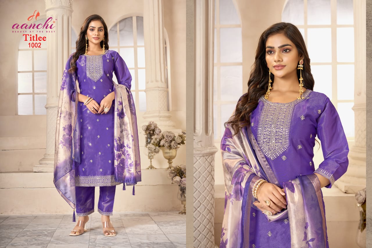 Titlee Aanchi Tissue Simmer Readymade Pant Style Suits Supplier Ahmedabad