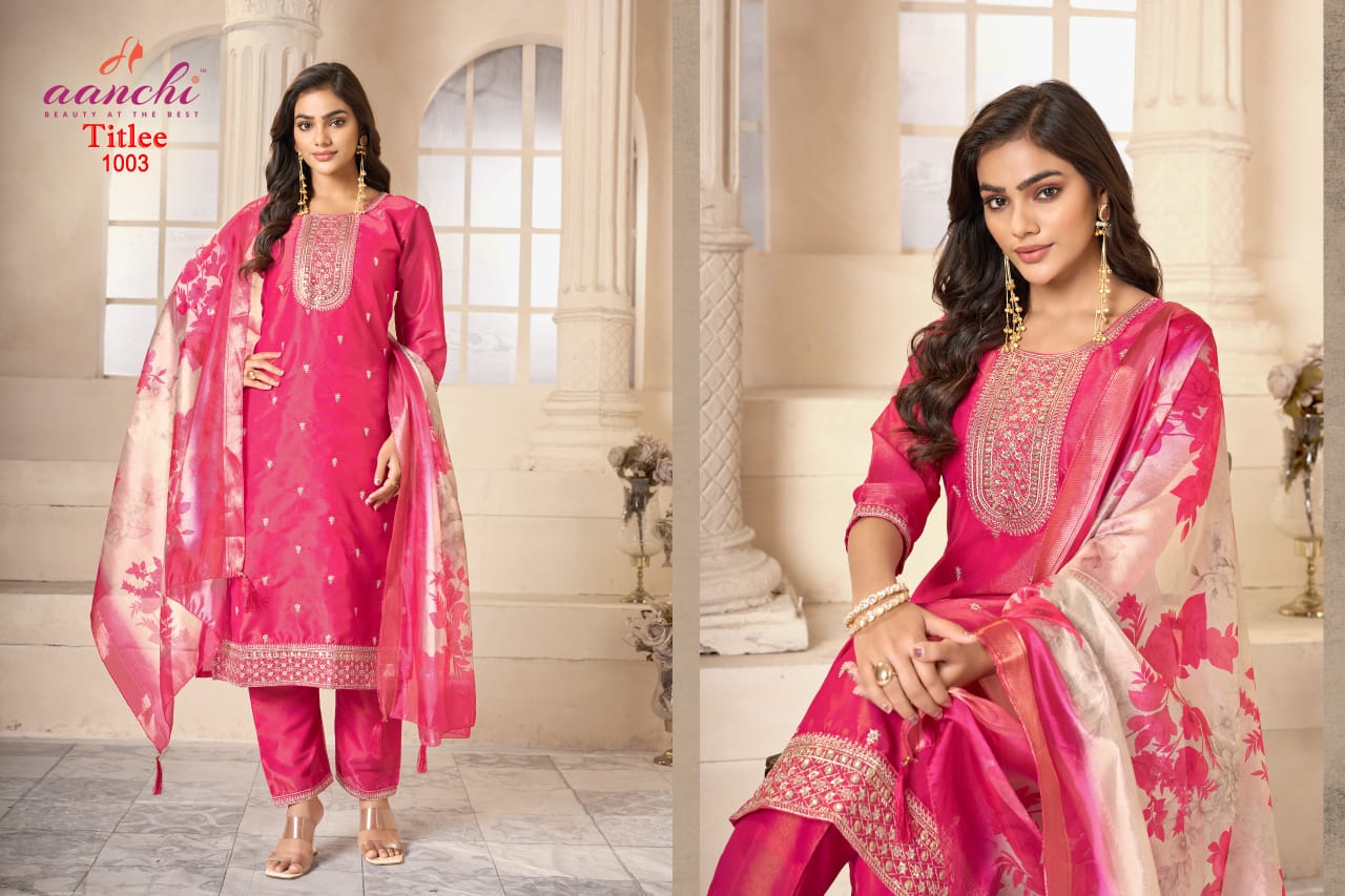 Titlee Aanchi Tissue Simmer Readymade Pant Style Suits Supplier Ahmedabad