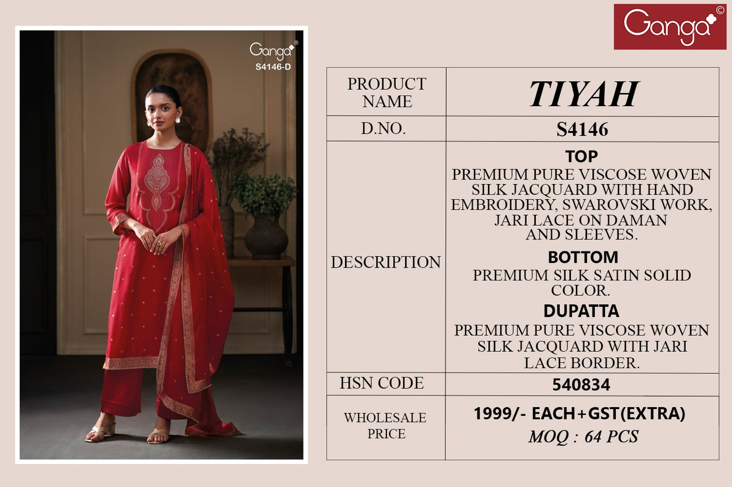 Tiyah 4146 Ganga Premium Viscose Plazzo Style Suits Manufacturer India