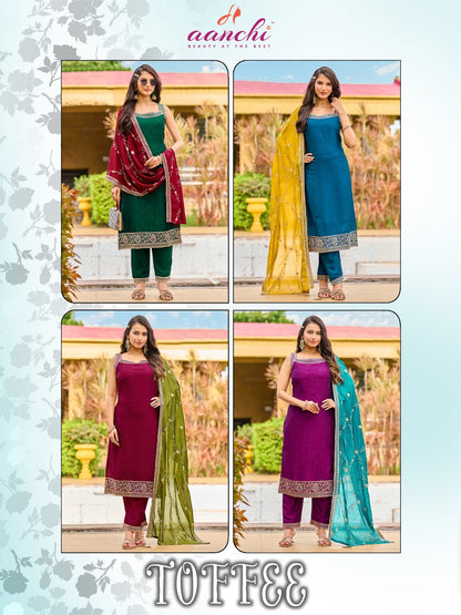 Toffee Aanchi Vichitra Silk Readymade Pant Style Suits Wholesale Price