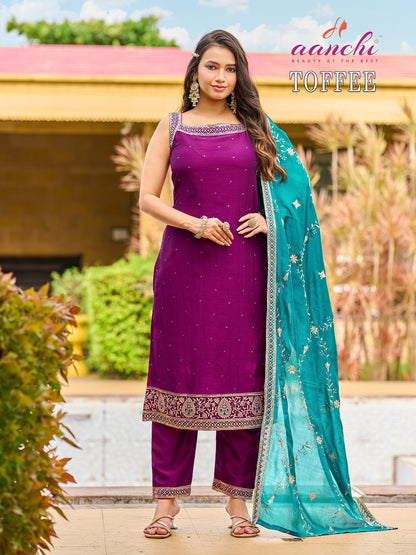 Toffee Aanchi Vichitra Silk Readymade Pant Style Suits Wholesale Price