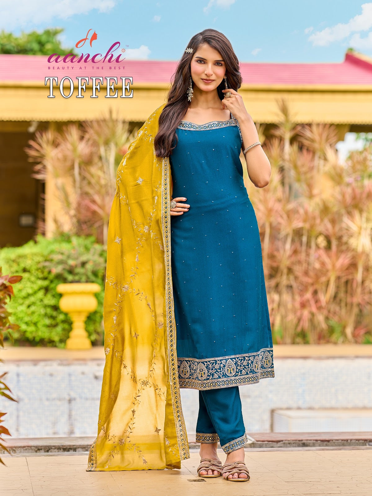 Toffee Aanchi Vichitra Silk Readymade Pant Style Suits Wholesale Price