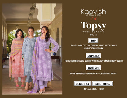 Topsy Vol 2 Kaavish Pure Lawn Pant Style Suits Wholesaler Ahmedabad