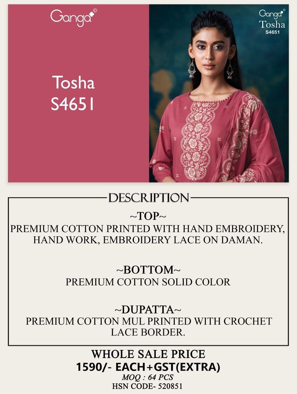 Tosha 4651 Ganga Cotton Pant Style Suits Manufacturer India