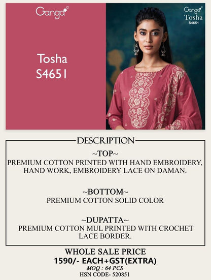 Tosha 4651 Ganga Cotton Pant Style Suits Manufacturer India