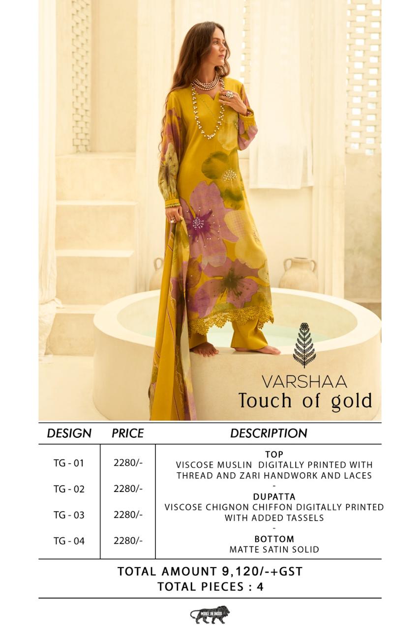 Touch Of Gold Varshaa Viscose Muslin Plazzo Style Suits Wholesale Rate