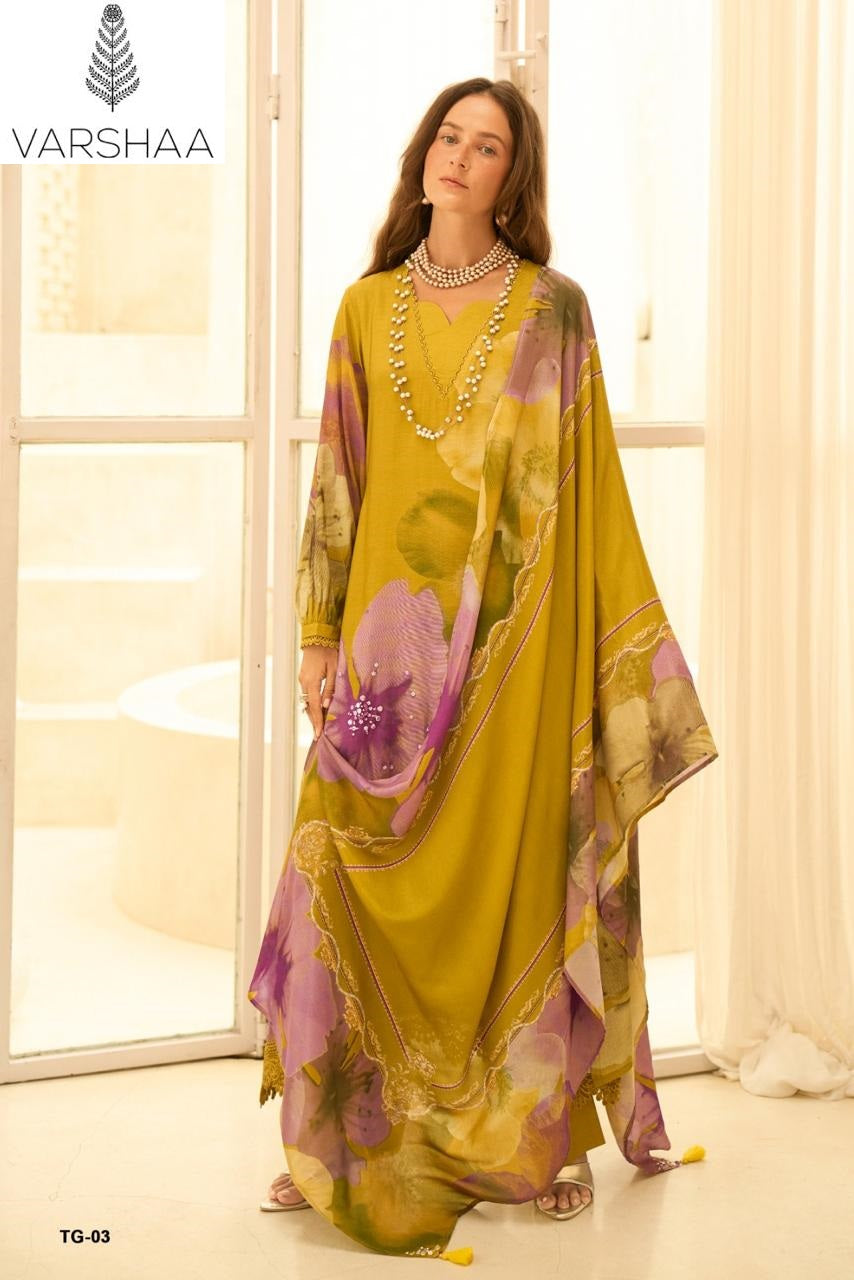Touch Of Gold Varshaa Viscose Muslin Plazzo Style Suits Wholesale Rate