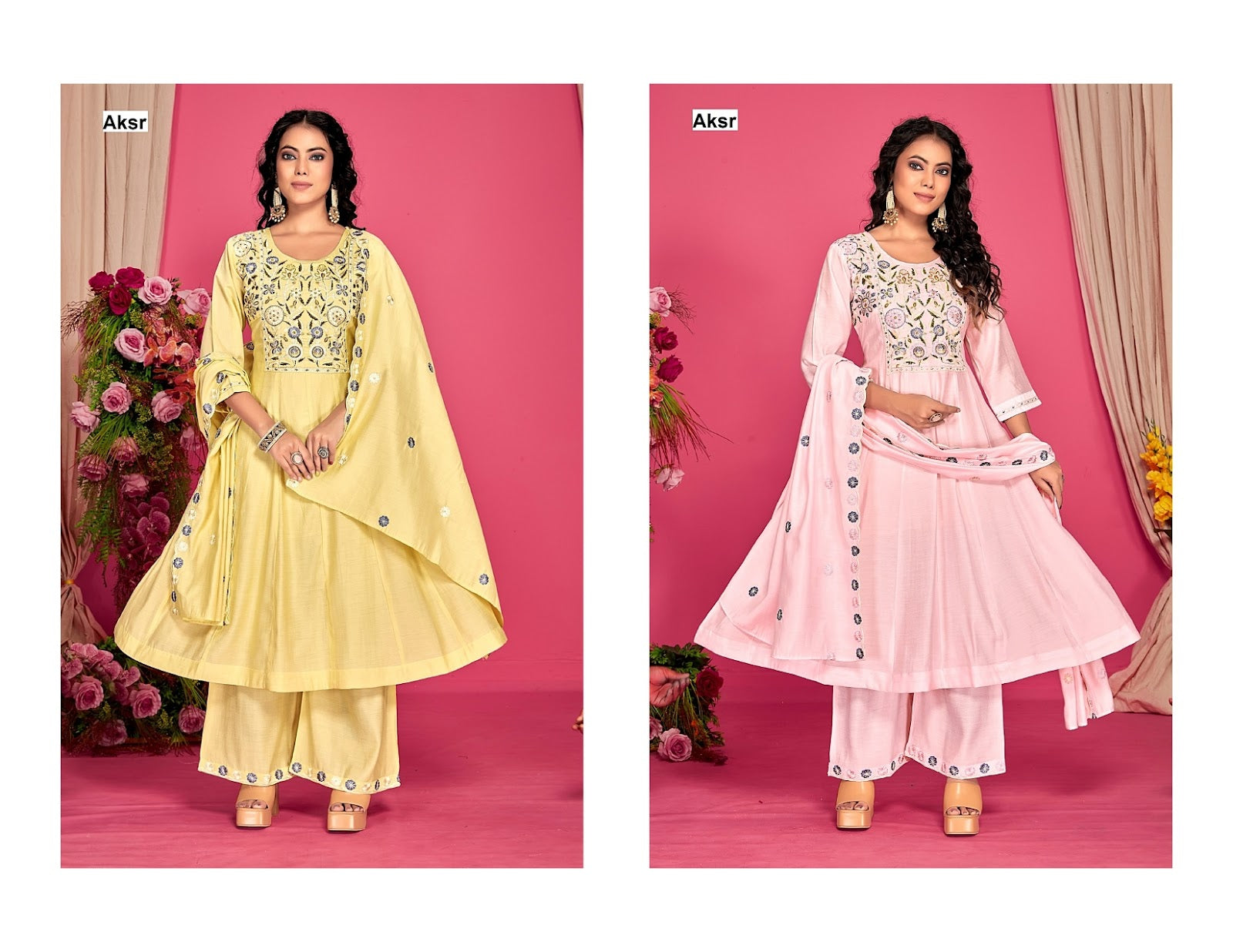 Trending Work 2 Aksr Roman Silk Readymade Anarkali Suits Exporter India