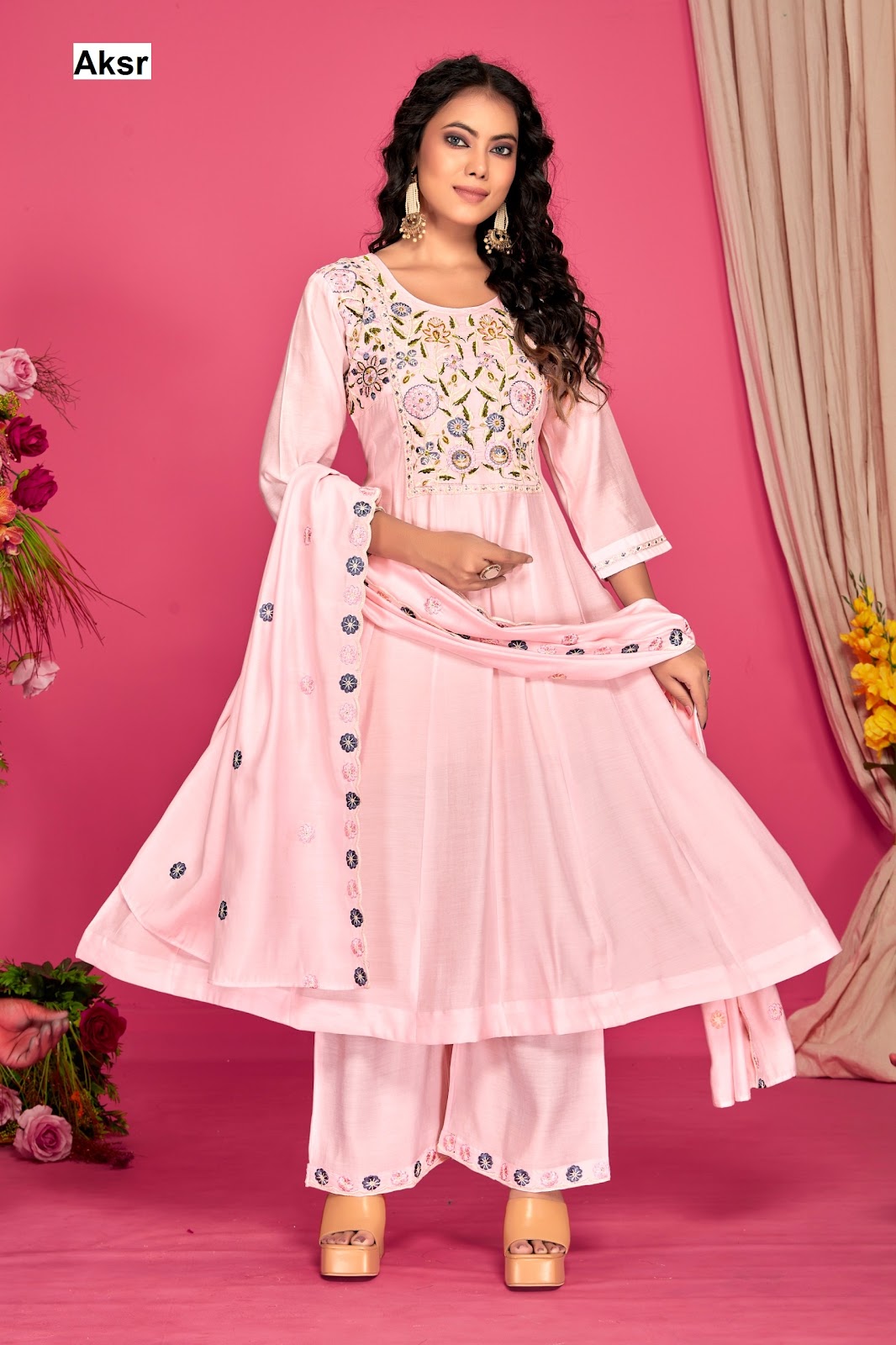 Trending Work 2 Aksr Roman Silk Readymade Anarkali Suits Exporter India