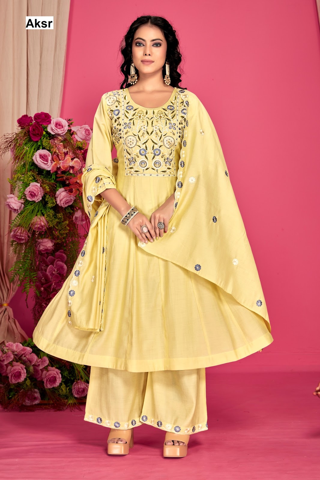 Trending Work 2 Aksr Roman Silk Readymade Anarkali Suits Exporter India
