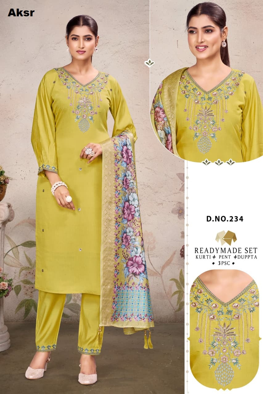 Trending Work Pattern 0312 Aksr Roman Silk Readymade Pant Style Suits Manufacturer