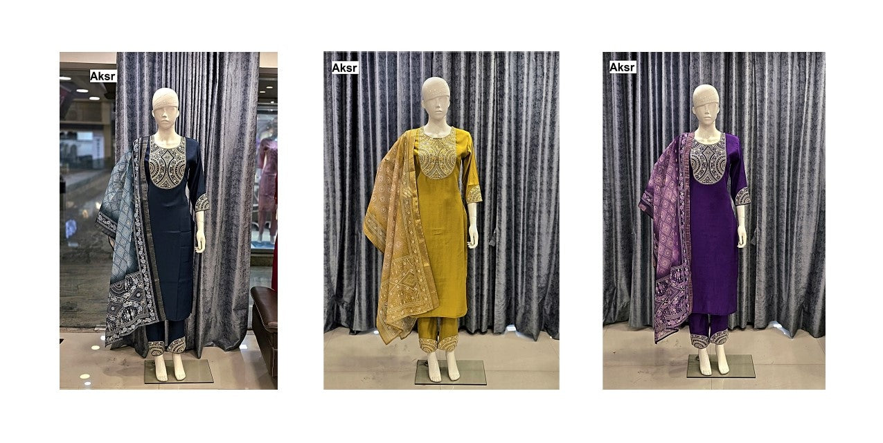 Trending Work Pattern 1108 Aksr Roman Silk Readymade Pant Style Suits Wholesaler