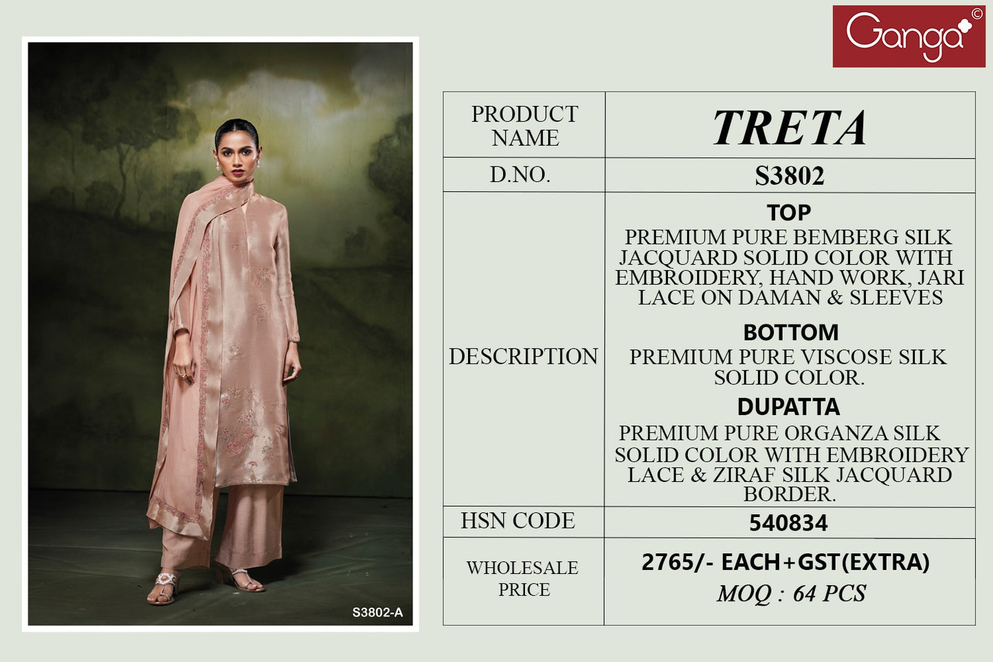 Treta 3802 Ganga Premium Bemberg Plazzo Style Suits Wholesale Price