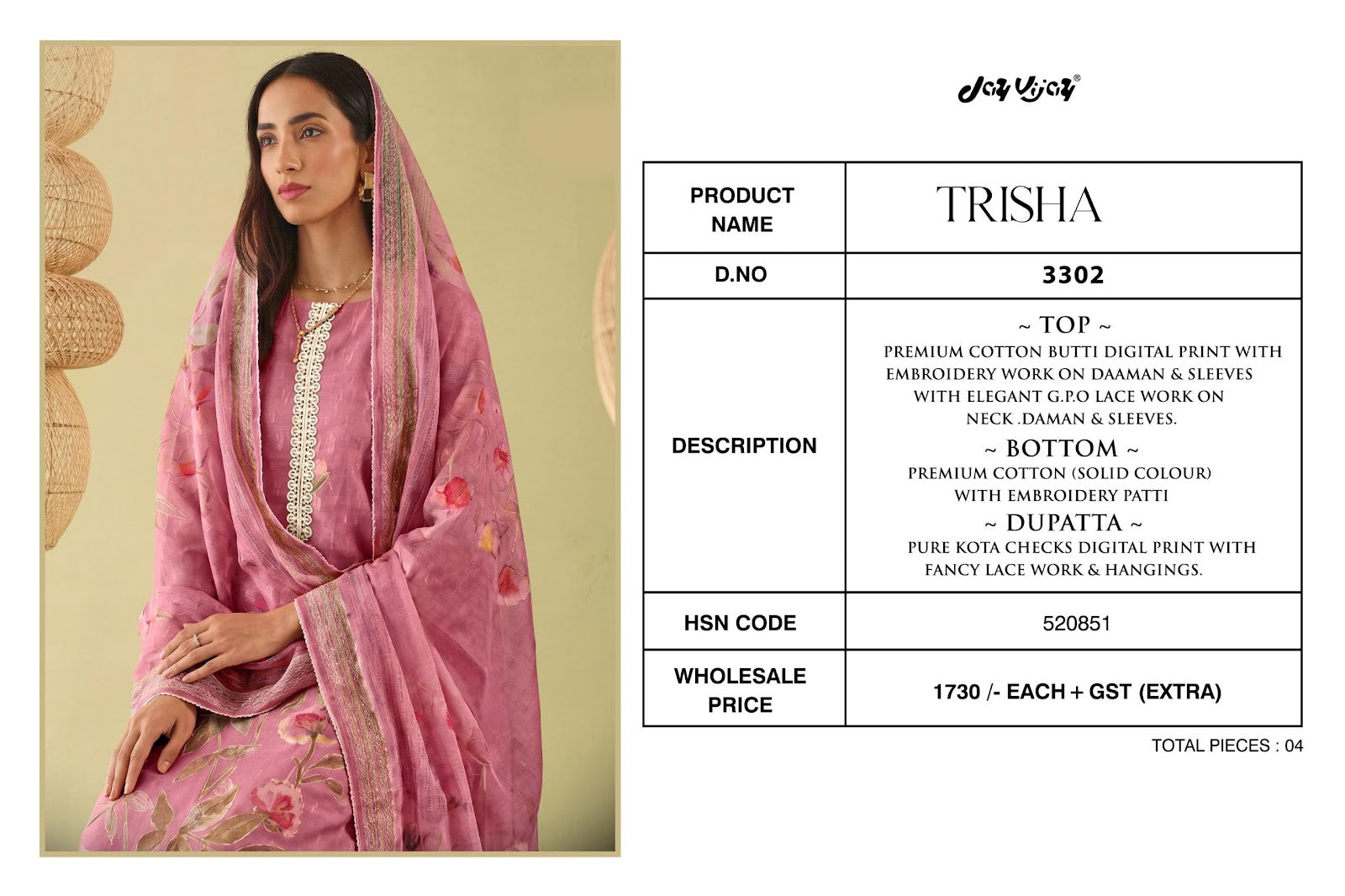 Trisha 3302 Jay Vijay Cotton Pant Style Suits Wholesale Rate