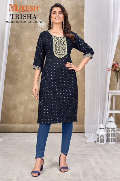Trisha-Mukesh Banwery Rayon Slub Knee Length Kurtis Exporter Gujarat
