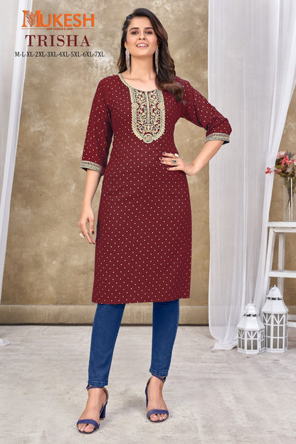 Trisha-Mukesh Banwery Rayon Slub Knee Length Kurtis Exporter Gujarat