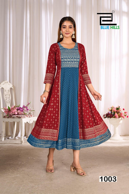 Trisha Blue Hills Rayon 14Kg Anarkali Kurtis Exporter India